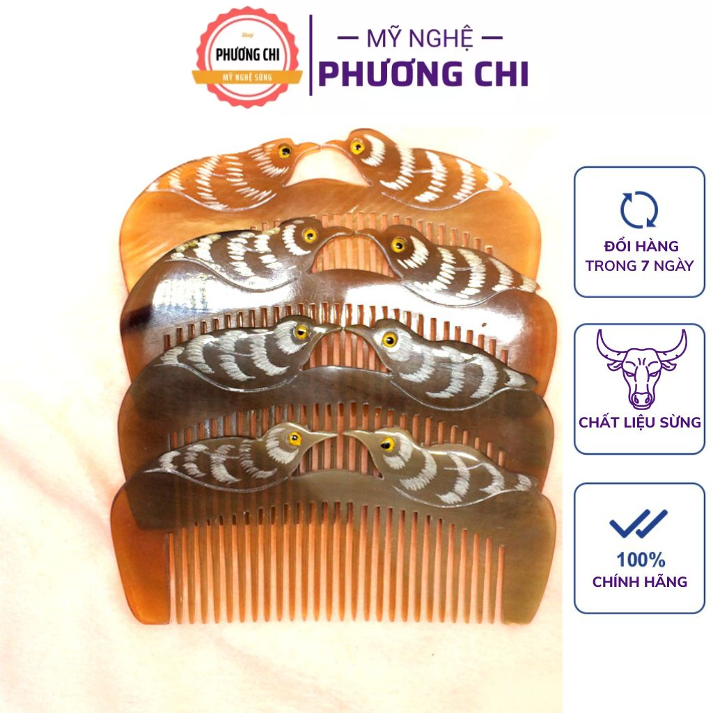 Lược sừng trâu đôi chim trắng nưa đẹp dai 12cm, lược chải tóc gỡ rối massage đầu | Mỹ Nghệ Phương Chi