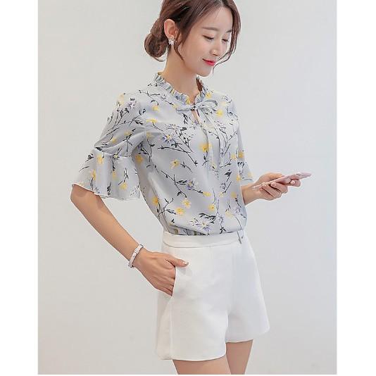 Sơ mi công sở, đi chơi tay bèo, tay lơ cổ nơ chất Voan họa tiết hoa siêu đẹp mặc mát mẫu mới 2021