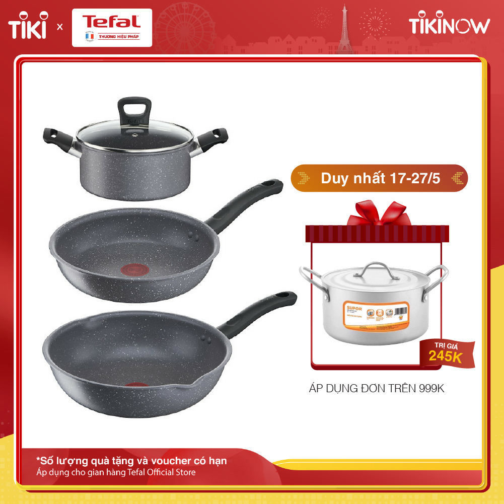 Bộ 3 nồi chảo chống dính đáy từ vân đá Tefal Cook Healthy dùng cho mọi loại bếp (Nồi 20c, chảo 24cm và 28cm) - Hàng chính hãng