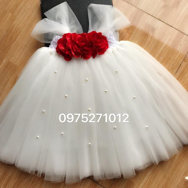 Váy tutu cho bé ️FREESHIP️ Váy tutu trắng hoa hồng đỏ đính đá cho bé gái