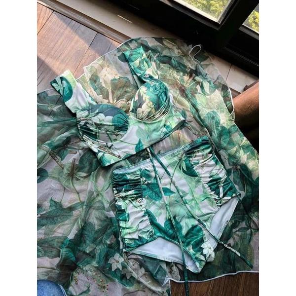 Set bikini 3 món đi biển mút dày hoa tiết hoa lá sang chảnh