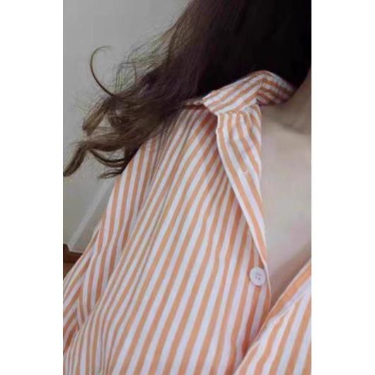 Áo Sơmi form rộng sọc cam trendy chất thô mát thấm hút mồ hôi tốt