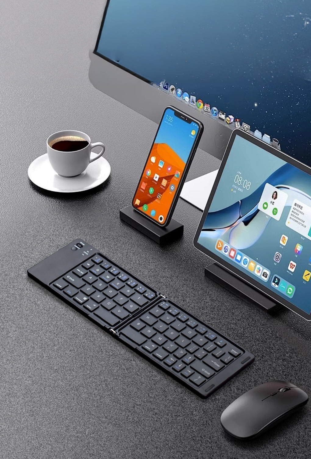 Bàn phím Bluetooth rời gấp gọn dành cho Windows, Mac, iOS và Android kết nối điện thoại, laptop, máy tính bảng - Hàng chính hãng