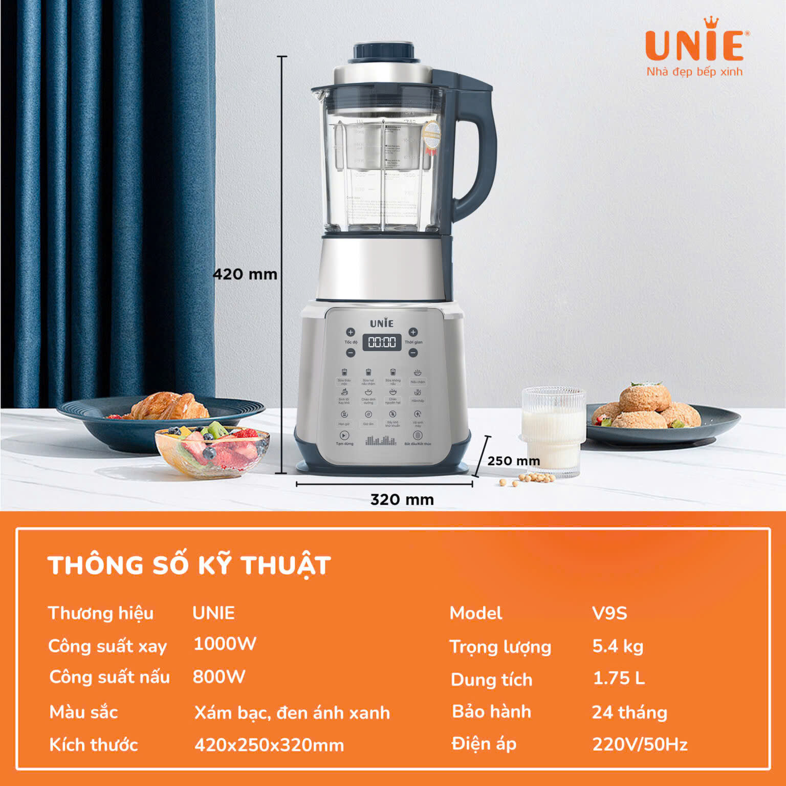 [Hàng chính hãng] Máy làm sữa hạt Unie V9S - 8 chương trình nấu chuyên sâu đã được lập trình sẵn - sở hữu công nghệ sấy khô khử khuẩn - Nắp chống trào thông minh thế hệ mới