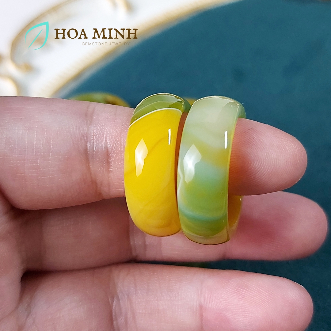 Nhẫn đá Mã Não vàng ngả xanh cốm VIP đẹp size lớn đường kính 19mm dày nhẫn 9 li big size nhẫn nam nhẫn nữ