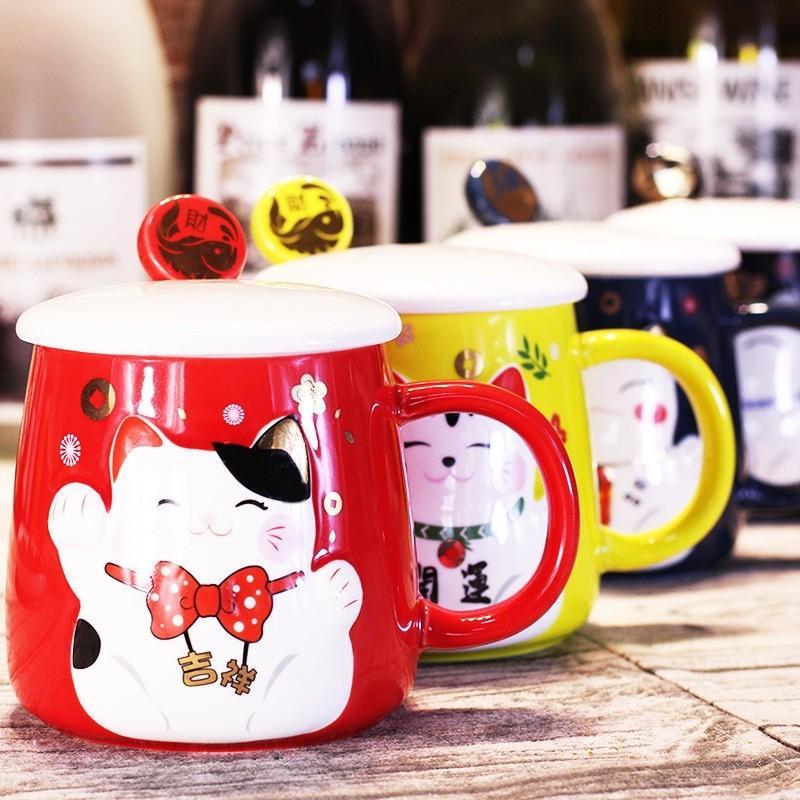 Cốc Sứ Uống Nước Mèo Thần Tài Chiêu May Mắn - Ly Uống Cafe Có Nắp , Văn Phòng, Quà Tặng Tân Gia