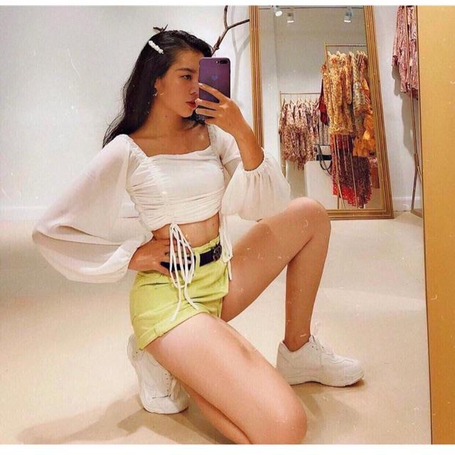 Áo rút dây đũi croptop bánh bèo