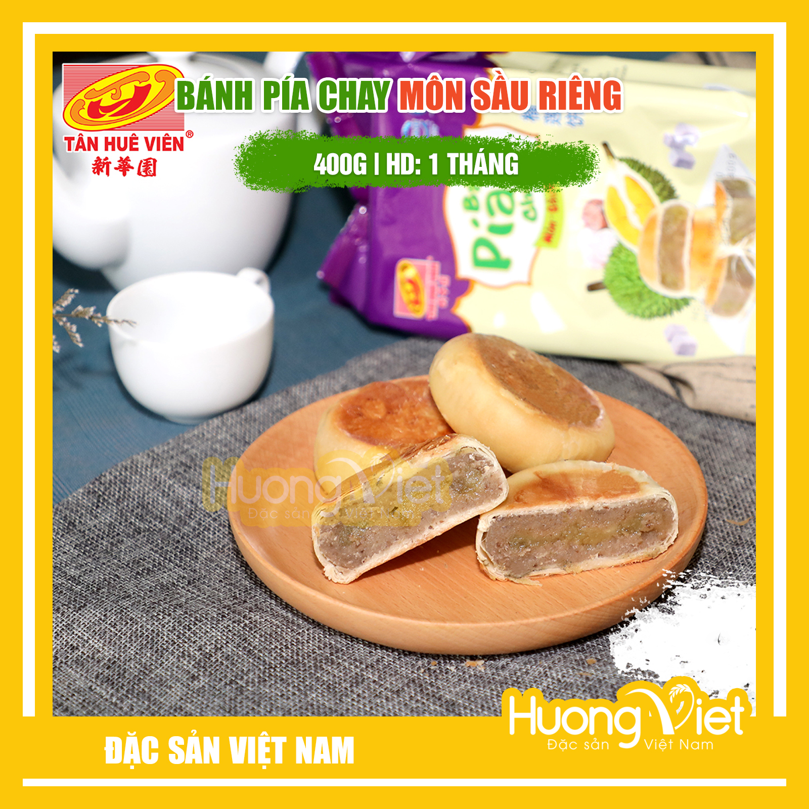 Đặc Sản Sóc Trăng - Bánh Pía Chay Môn Sầu Riêng Tân Huê Viên 400G, Bánh Pía Không Trứng Tân Huê Viên Sóc Trăng