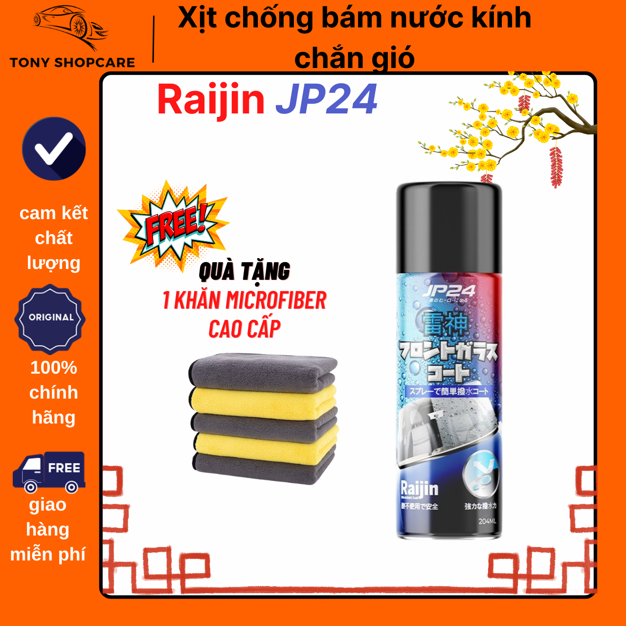 Xịt chống bám nước kính ô tô JP24 Raijin dung tích 204ml siêu chống nước, hình thành tráng gương bảo vệ kính chắn gió khỏi bụi bẩn