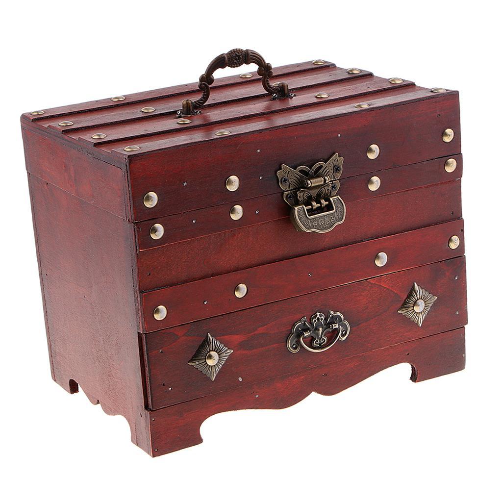 Vintage Wooden Jewelry Box with Lock Storage Rings Trinket Case Organizer