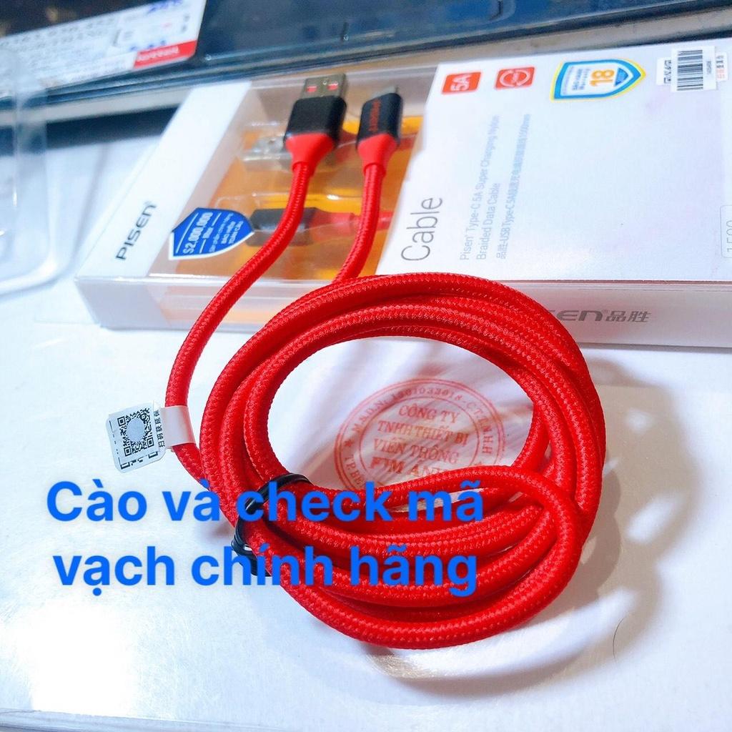 Dây sạc nhanh Pisen Type-C 5A Braided, Super charging 1,5m ( TC11-1500), dây dù chống rối, hàng chính hãng