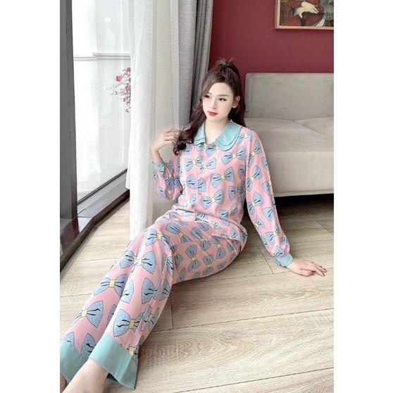 Bộ pyjama phối cổ nhọn, quần dài, Mango loại 1 mềm mịn, 40-60kg