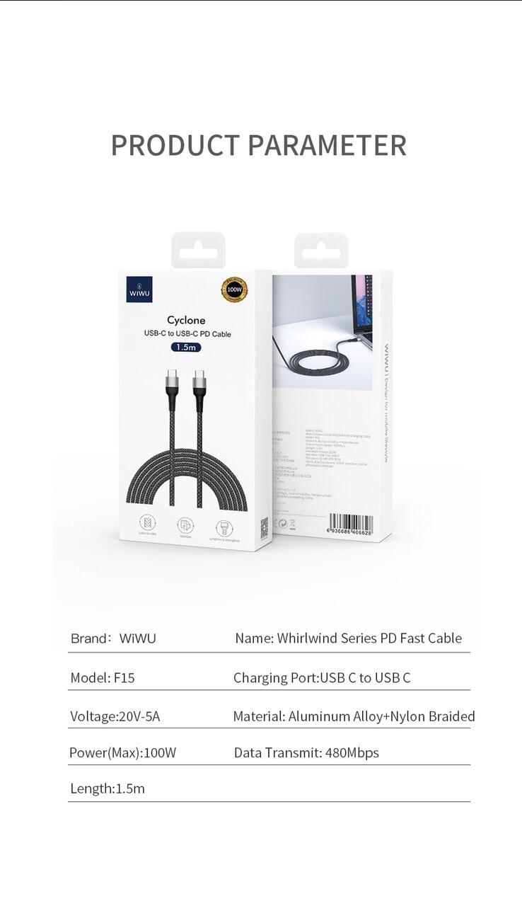 Cáp Wiwu F15 Cyclone PD 100W fast charge Cable  Tương thích với Máy tính xách tay/ Ipad/ Điện thoại/ Bảng điều khiển trò chơi , sạc siêu nhanh USB C sang USB C - Hàng chính hãng