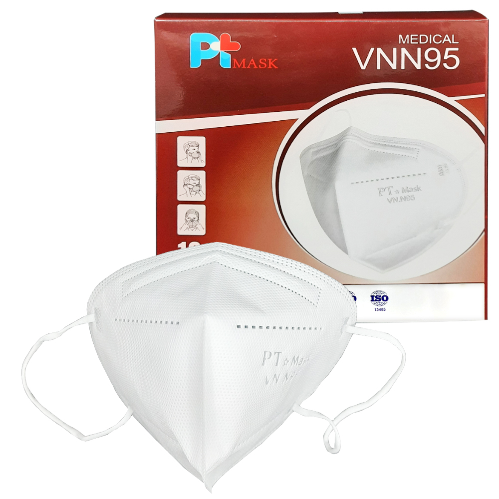 Khẩu Trang VN N95 PT Mask, 5 Lớp, kháng Khuẩn, Chống Bụi Siêu Mịn PM2.5, Màu Trắng - Một Hộp Gồm 10 Cái, Đạt Các Chứng Chỉ ISO 13485, ISO 9001, CE, FDA, TGA.