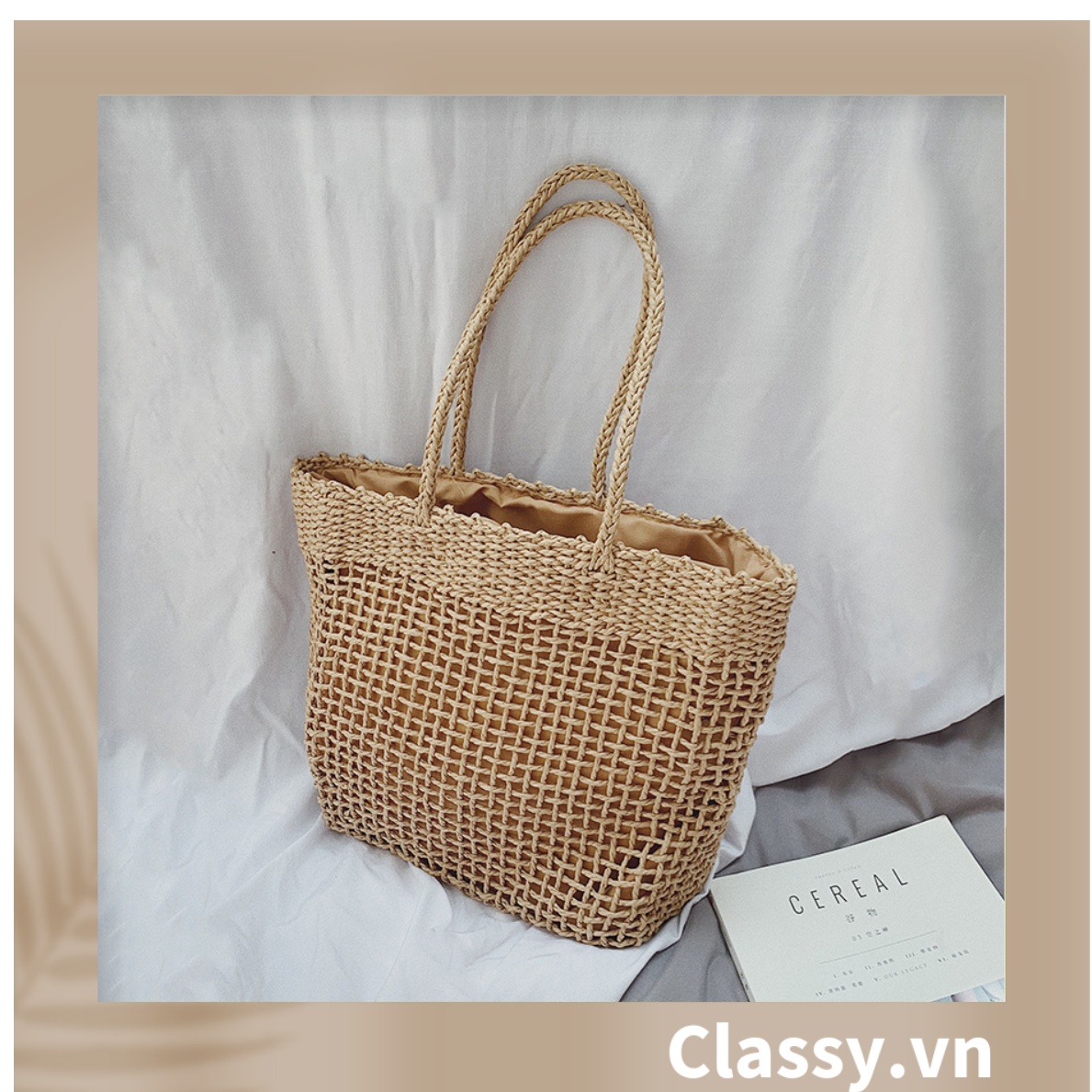 Túi cói Classy hình thang thời trang, thích hợp đi biển, đi dạo, đi chơi T1073