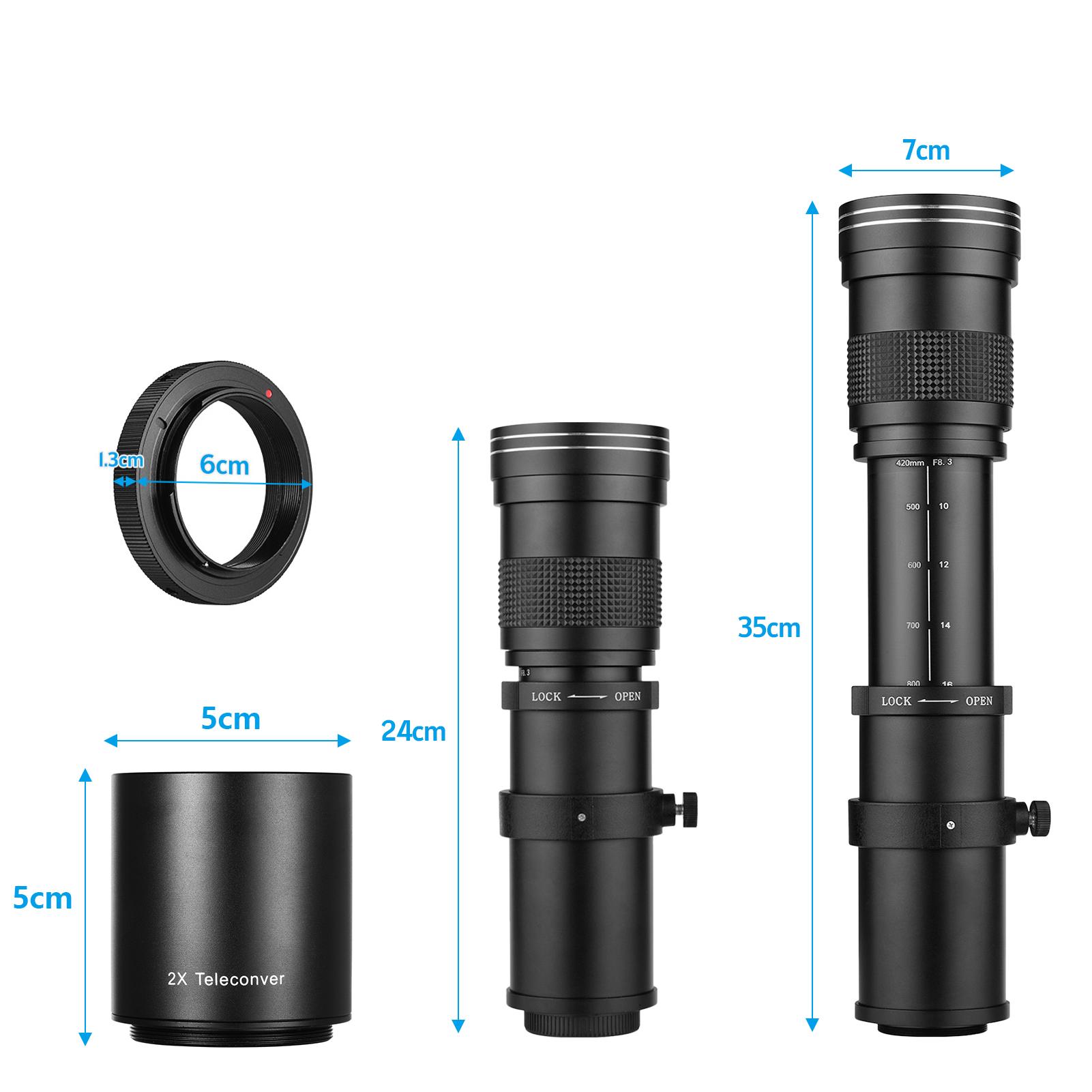 Camera MF Telephoto Zoom Lens F/8.3-16 T Mount+UV/CPL/FLD Filters +2X 420-800mm Teleconverter Lens + T2-EOS Adapter Ring