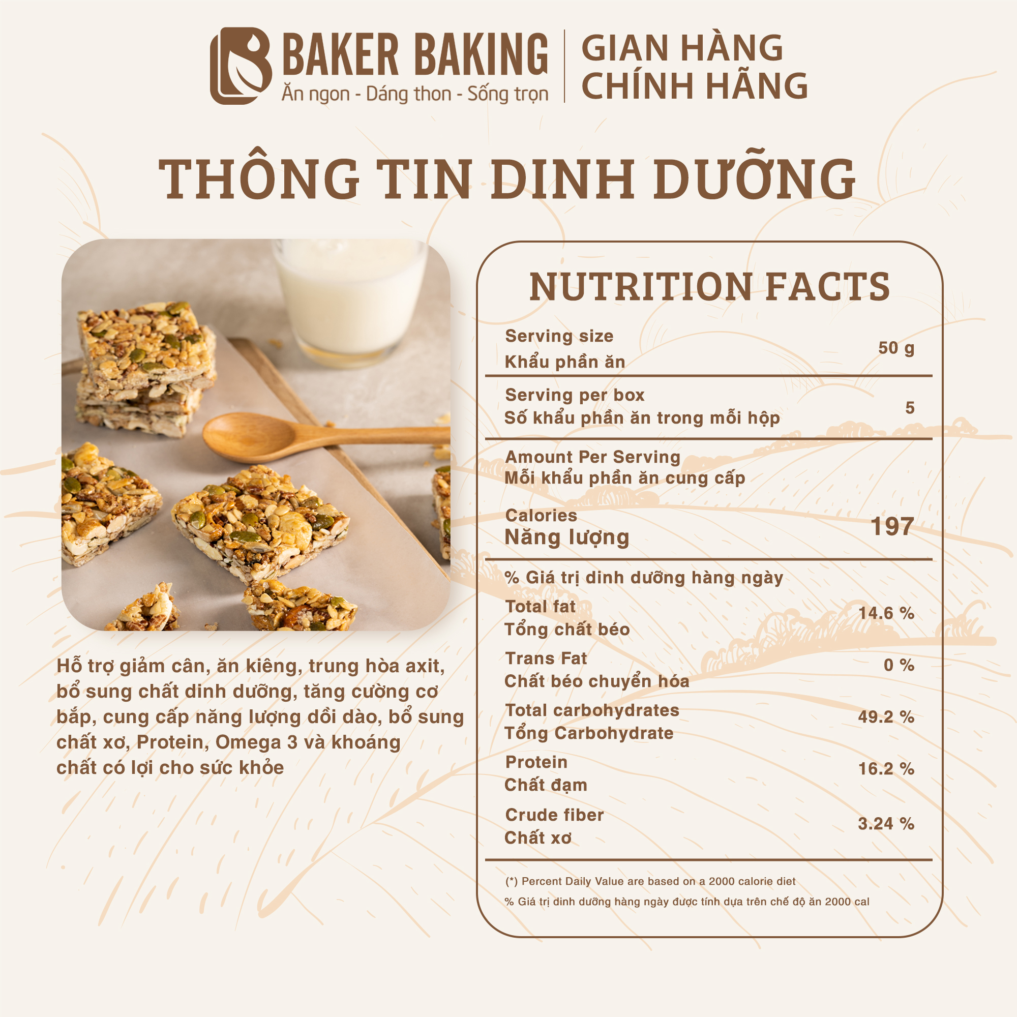Bánh thanh hạt dinh dưỡng Baker Baking không đường, không chất bảo quản, tiện lợi hỗ trợ tập luyện, tăng cơ 100g