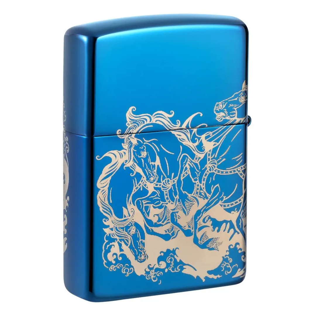 Bật lửa Zippo Atlantis Design - Thiết Kế Thần Biển Poseidon In Tràn Viền 360 Độ, Vỏ High Polish Blue Chính Hãng Mỹ