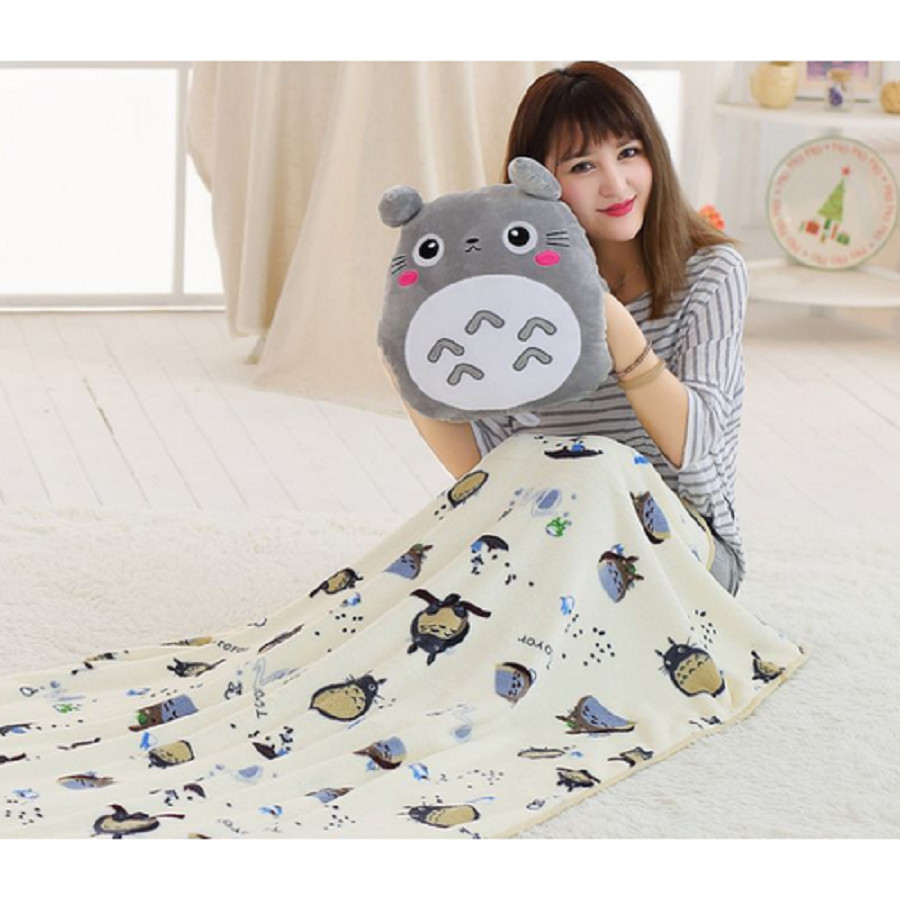 Bộ chăn gối 3 trong 1 totoro cao cấp chăn hoạt hình (Xám)