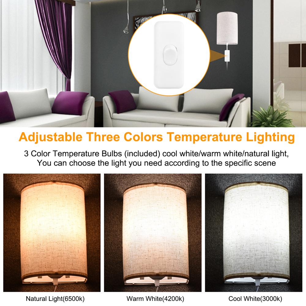 Plug in Wall Sconce 3 Color Temperature Wall Light Wall Lamp with Plug in Cord Dimmable Switch Bulb for Living Room