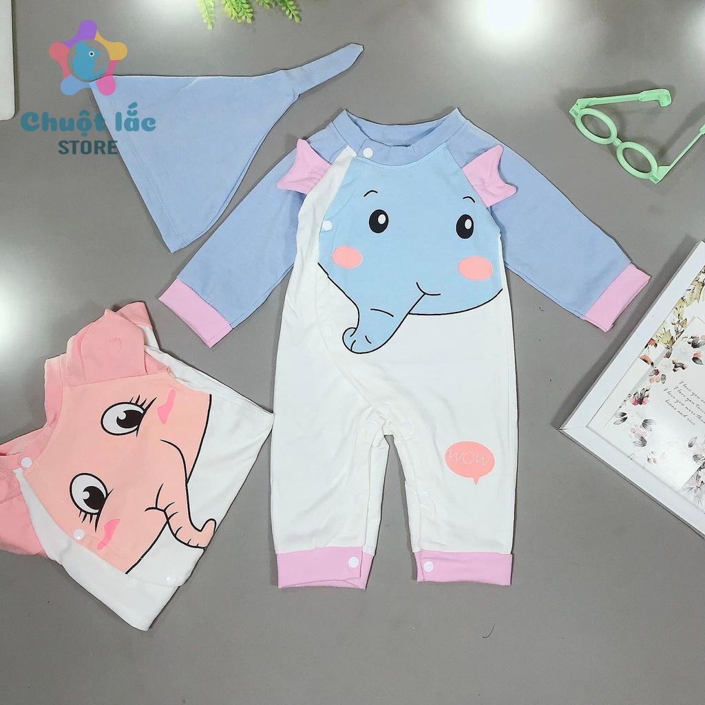 Bộ Đồ Body Dài Tay Cho Trẻ Sơ Sinh Hình Voi Thun Cotton 3kg Đến 12kg MÀu Xanh Hồng