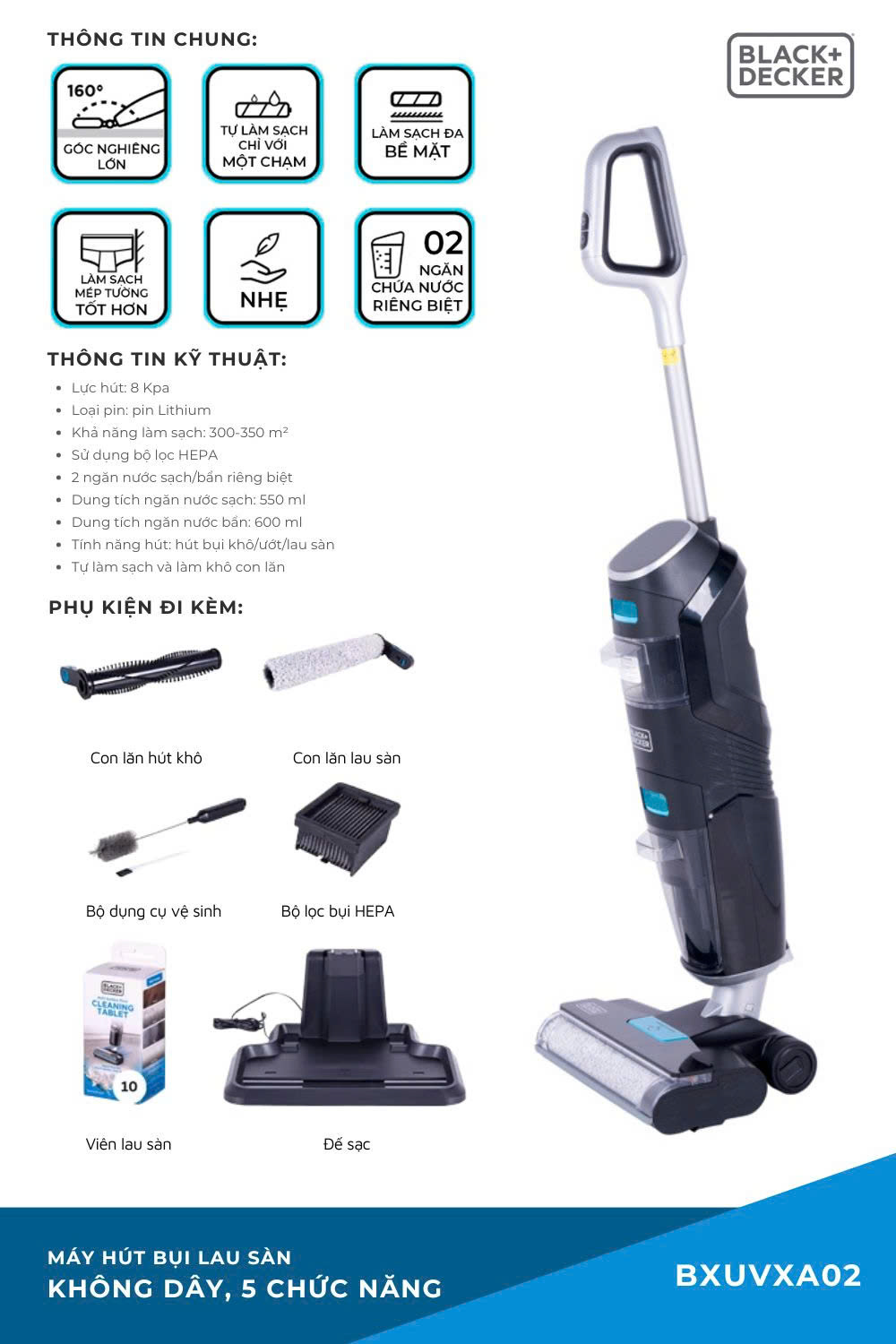 Máy hút bụi không dây lau sàn thông minh 5 chức năng Black+Decker BXUVXA02 -HÀNG CHÍNH HÃNG
