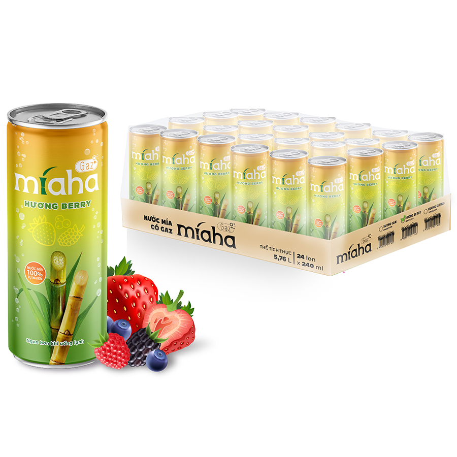 Thùng 24 lon Nước Mía có Gaz MiahaGaz vị Berry 240ml/lon