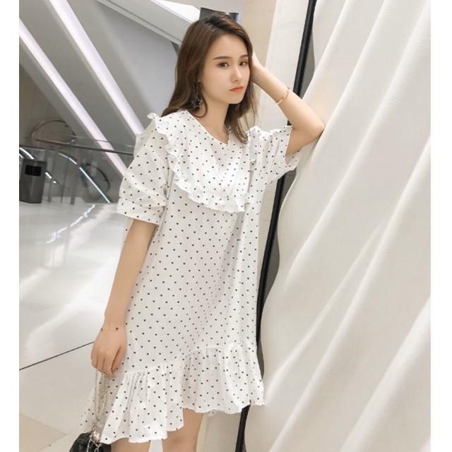 Đầm Suông Ngắn Trắng Bi Cổ Bèo