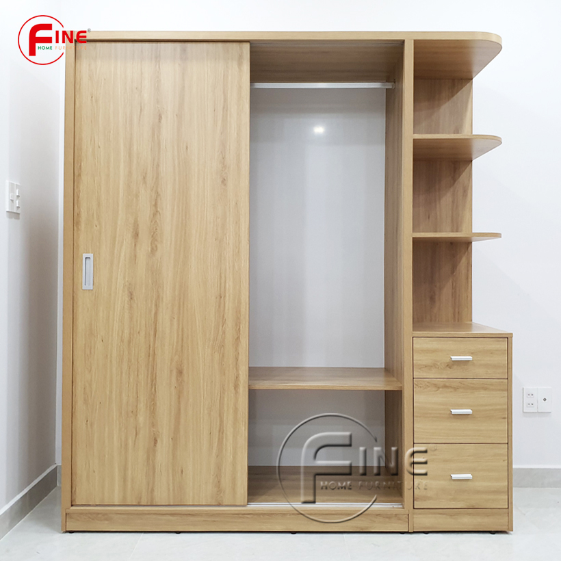 Tủ Quần Áo Cánh Cửa Lùa Cao Cấp FINE FT223F Kích Thước 1m8 Có 3 hộc kéo và kệ trưng bày tiện dụng