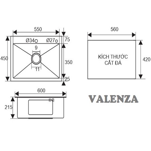 Combo chậu rửa bát 1 hố sus304 Valenza 6045, vòi rửa bát vuông tròn Valenza, xả, rổ, bình xà phòng