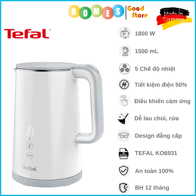 Ấm Siêu Tốc Thông Minh TEFAL - Nhập Khẩu Đức Wasserkocher Sense 5 Lít Có Chương Trình Nhiệt Độ, Dung Tích Công Suất Cao 1800 W - Hàng Nhập Khẩu