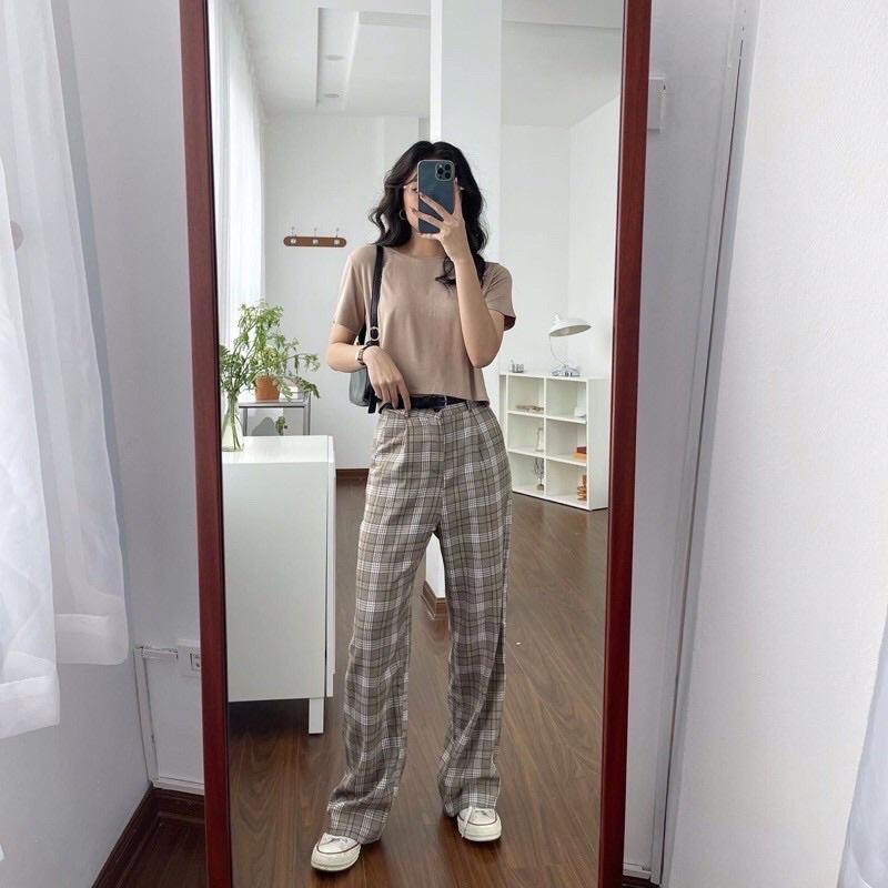 Quần vải thiết kế kẻ be