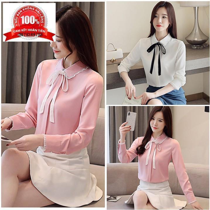 Áo Sơ Mi Nữ Áo Sơ Mi Cao Cấp Tay Dài Thắt Nơ Màu Hồng Màu Trắng
