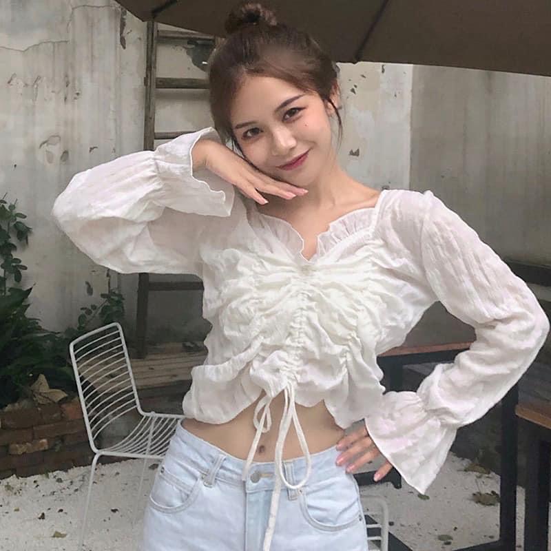 Áo croptop rút ngực tay dài thanh lịch