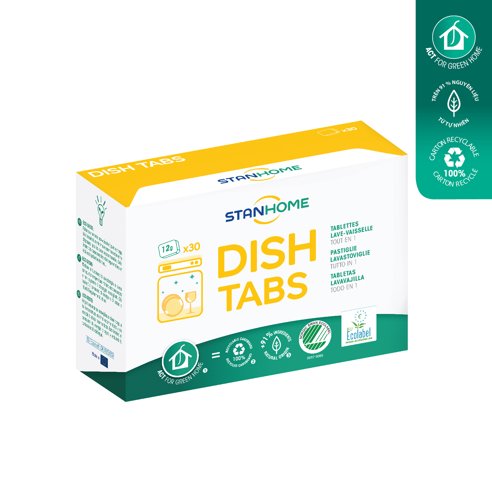 Viên rửa bát cho máy Stanhome Dish Tabs All in one tiêu chuẩn Ecolabel Châu Âu và Ecolabel Bắc Âu - Hộp 30 viên – 12g/viên