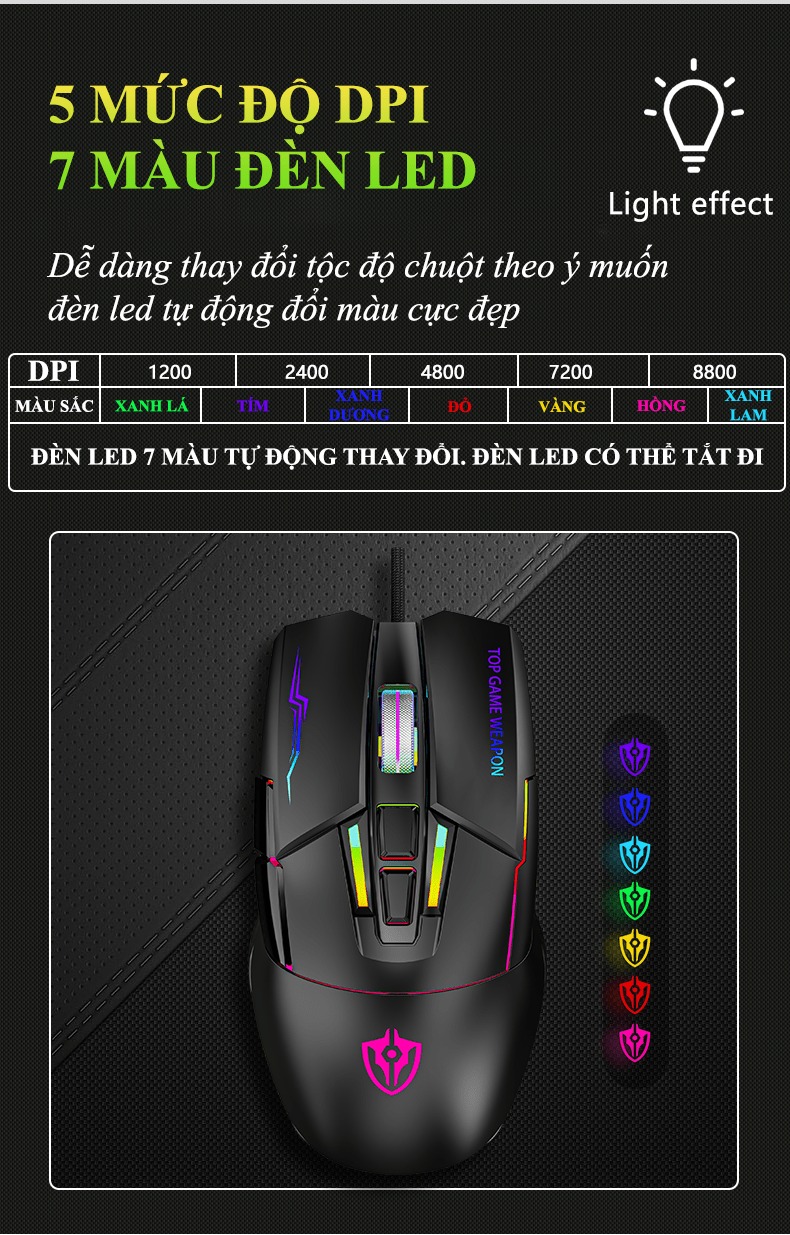 Chuột có dây SHIPADOO G7 thiết kế chuyên game với nút nhấn không ồn có đèn led 7 màu phù hợp với game thủ - HÀNG CHÍNH HÃNG