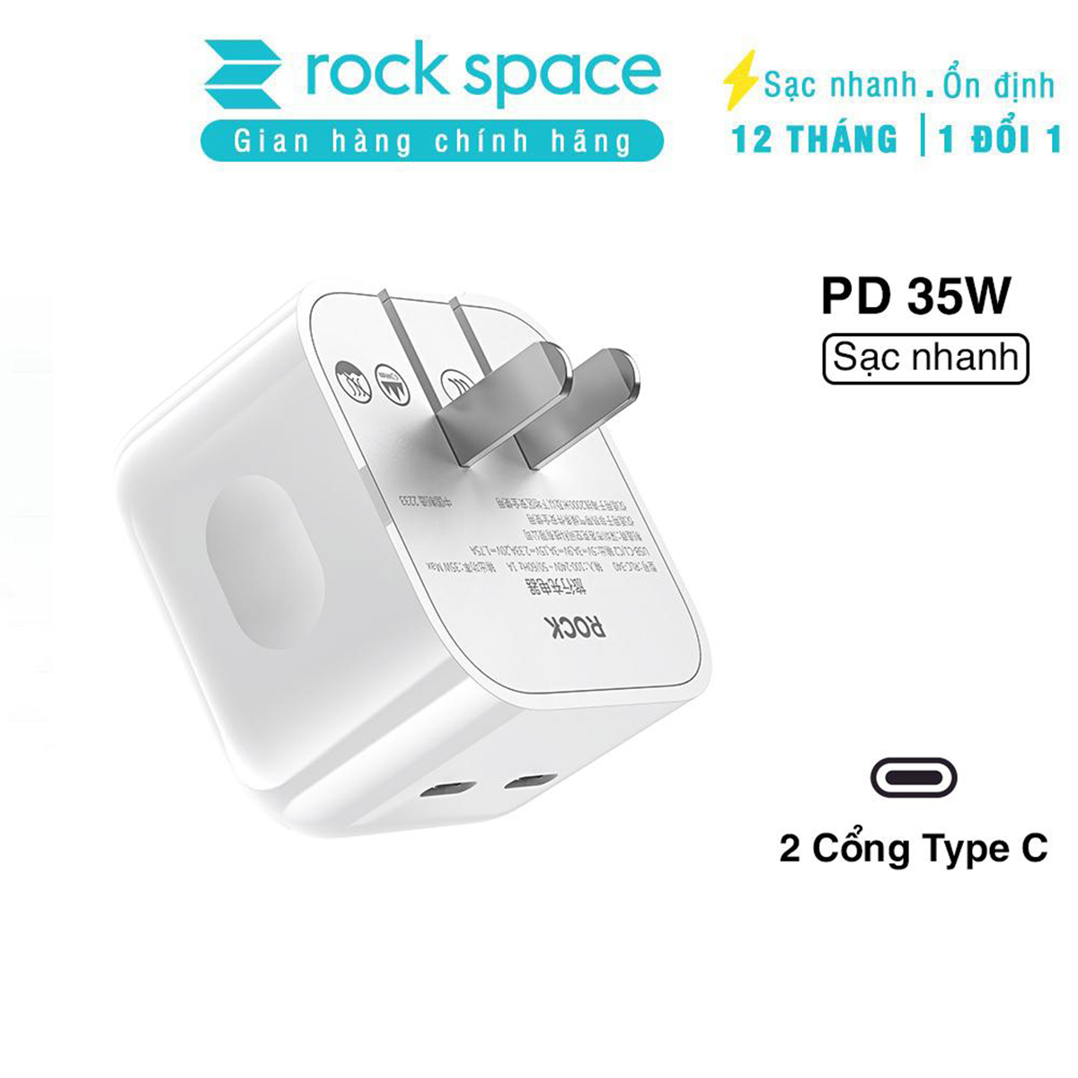 Củ sạc nhanh Rockspace T58 2 cổng TypeC sạc nhanh 35w sạc ổn định - hàng chính hãng bảo hành 12 tháng