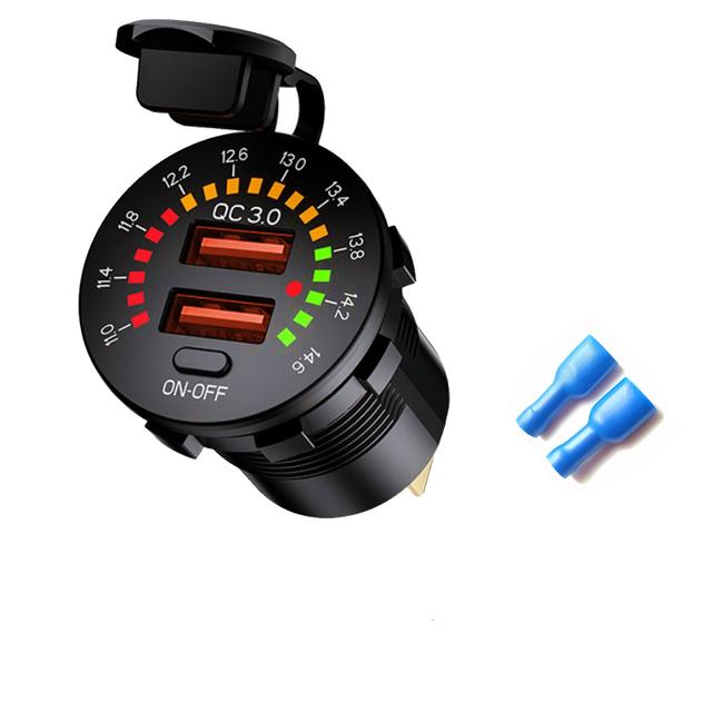 QC 3.0 18W Bộ sạc xe hơi USB kép 12V 24V không thấm nước USB PD Sạc nhanh với Voltmeter LED trên công tắc tắt cho xe máy
