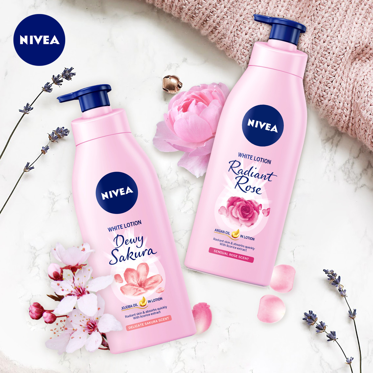 Bộ đôi dưỡng thể Hương hoa Sữa Dưỡng Thể Dưỡng Trắng NIVEA Hương Anh Đào Dewy Sakura (350ml) - 85703 &amp; Sữa Dưỡng Thể Dưỡng Trắng NIVEA Hương Hoa Hồng Radiant Rose (350ml) - 85707