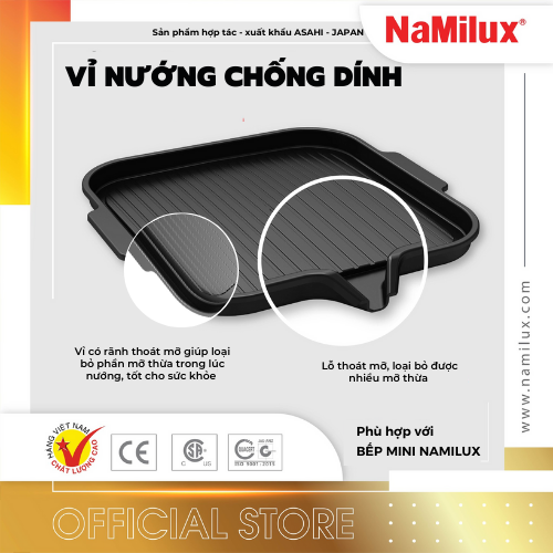 Vỉ Nướng Chống Dính Không Khói NaMilux│Phủ Lớp Chống Dính Teflon Whitford│Có Rãnh Thoát Mỡ│Hàng Chính Hãng