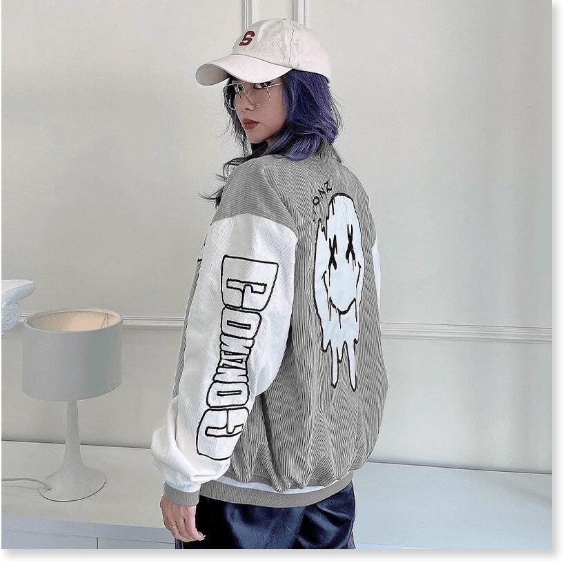ÁO KHOÁC NHUNG GÂN NAM NỮ  KIỂU BOMBER  BÓNG CHÀY  THÊU HÌNH ICON SIÊU TO,PHONG CÁCH NĂNG ĐỘNG CÁ TÍNH