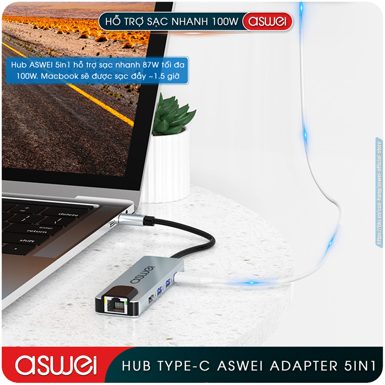 Hub Type C ASWEI 5 in 1 To HDMI, USB 3.0, Lan RJ45, PD 100W - Hàng Chính Hãng