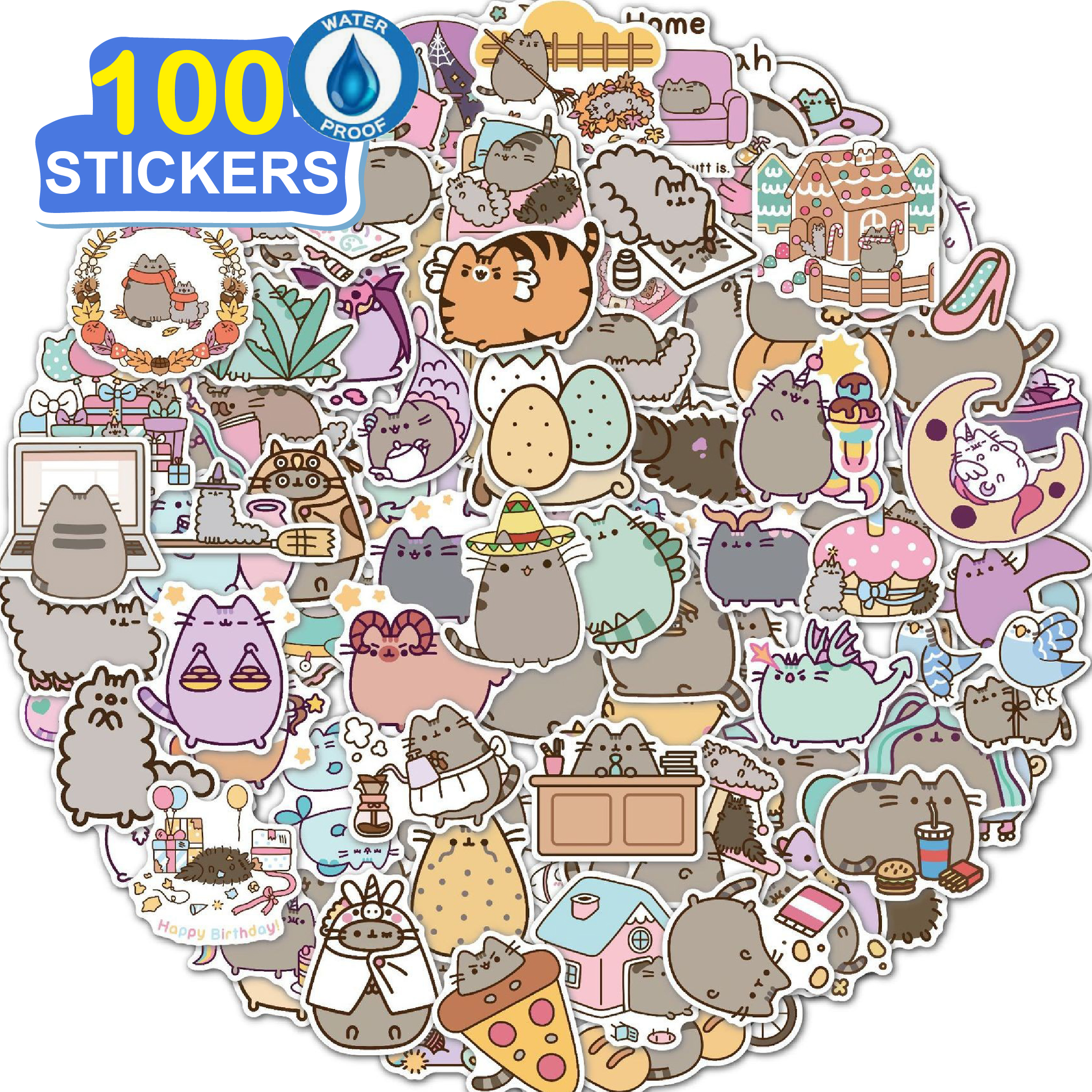 100 Stickers hoạt hình mèo ú hình dán dễ thương trang trí laptop, điện thoại, ipad, cốc nước, sổ tay, vali du lịch, scooter, ván trược - Chống thấm nước - FiDi