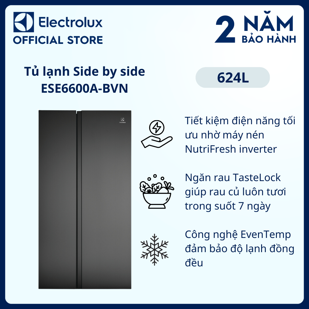 [Freeship] Tủ lạnh Electrolux Inverter Side by side 624 lít - ESE6600A-BVN - Thực phẩm tươi ngon lâu hơn, cấp đông nhanh chóng, khử mùi diệt khuẩn, tiết kiệm điện tối đa [Hàng chính hãng]