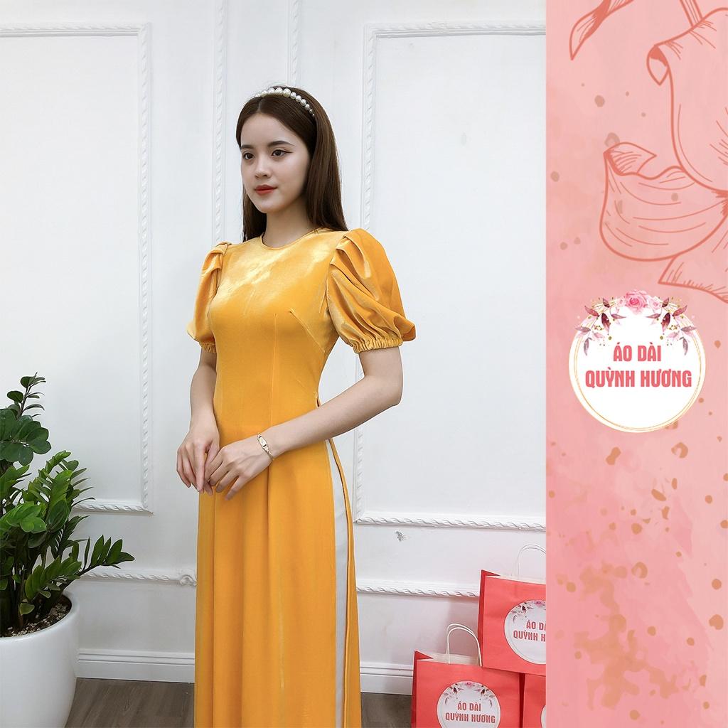 Áo dài nhung màu vàng tay bồng chun