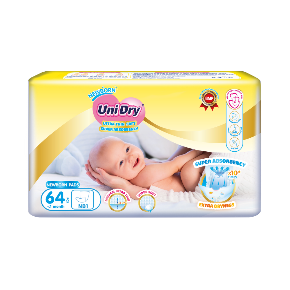 Miếng Lót sơ sinh UniDry Newborn Siêu Mỏng Mềm, Siêu Thấm Hút (NB1) - 64 miếng