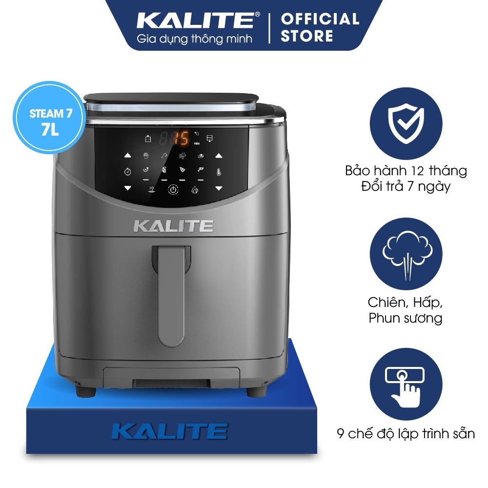 Nồi chiên hơi nước KALITE STEAM 7, công nghệ mới chiên không dầu kết hợp chức năng hấp, màn hình điều khiển cảm ứng, 9 chế độ nấu lập trình sẵn, công suất 1700w, dung tích 7L, hàng chính hãng