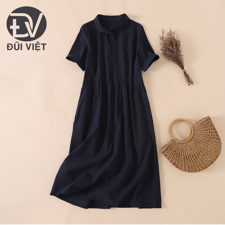 Đầm suông babydoll cổ sen dáng rộng chất liệu Linen mềm mịn mặc thoải mái, thoáng mát da158