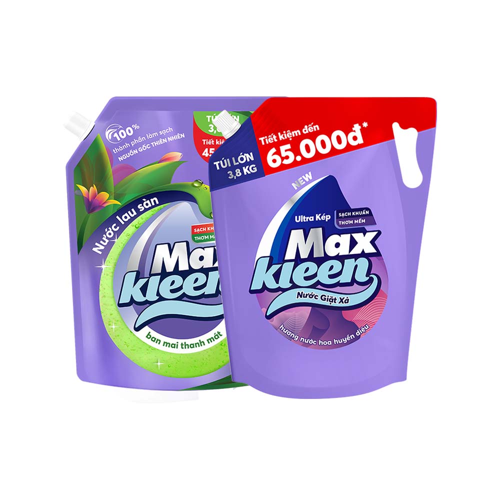 Combo Túi Nước Lau Sàn 3.6kg Ban Mai Thanh Mát + Túi Nước Giặt Xả MaxKleen 3.8kg Huyền Diệu