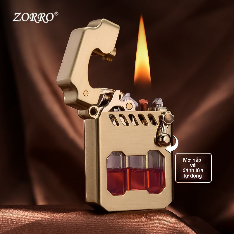 Vỏ Hột Quẹt Bật Lửa Xăng Đá Zorro Z786 Lộ Thiên Nhìn Rõ Xăng Mở Nắp Đánh Lửa Tự Động
